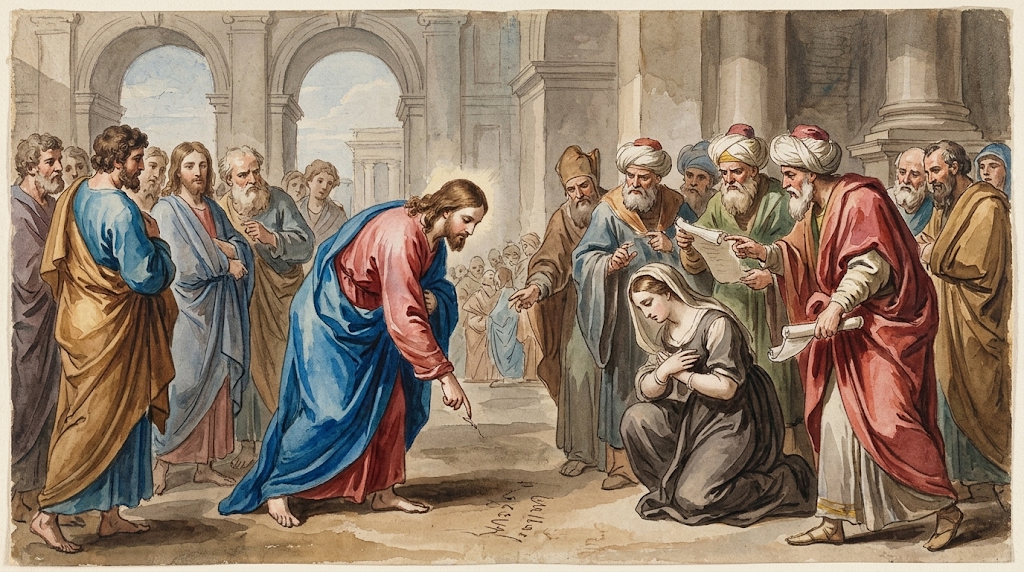 Jesús escrivint a terra davant la dona adúltera