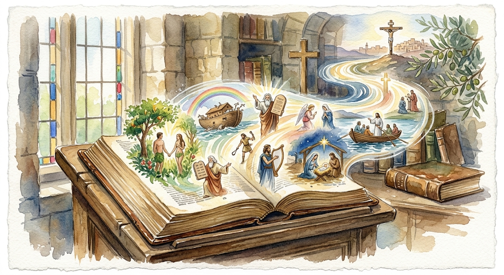 Llibre obert amb escenes de la història de la Salvació